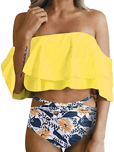 WANQUIY Women Off Shoulder Ruffle Hight Waist Printed Swimsuit Crop Top Two Piece Bathing Suit