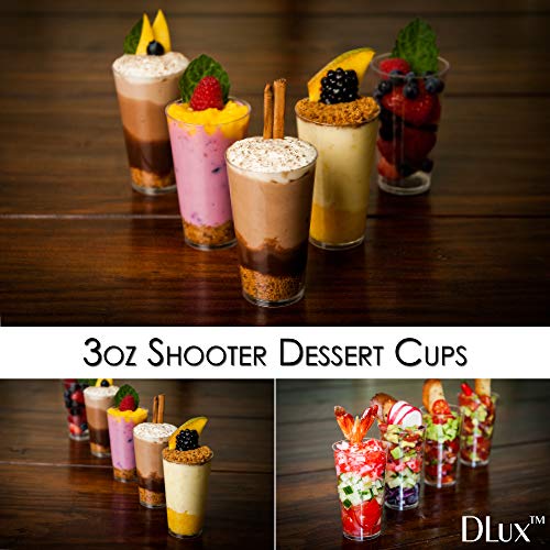 DLux 100 x 3 oz Mini Dessert Cups with Spoons, Shooter - Clear Plastic Parfait Appetizer Cup - Small Disposable Reusable Shot Glass for Tasting Party Shooters Desserts Appetizers - With Recipe Ebook