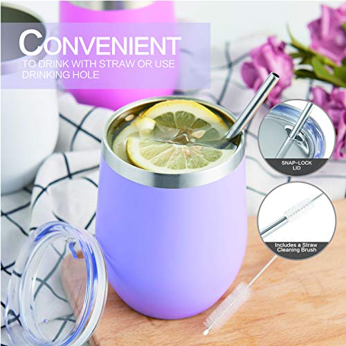 HITSLAM Wine Tumbler 12oz Stainless Steel Tumbler Vacuum Insulated Wine Glass Double Wall Coffee Mug for Champaign, Beer, Office use includes Straw Lid, Straw, Cleaning Brush (Purple)