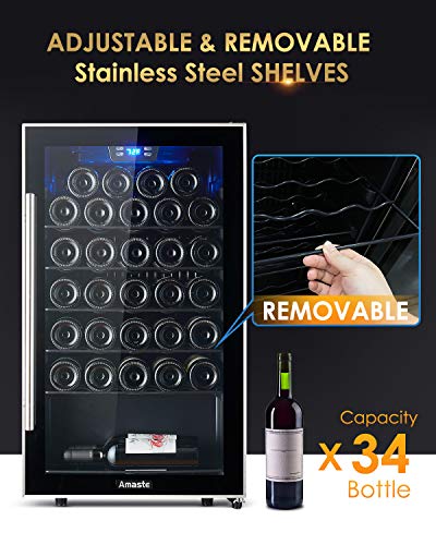Amaste-Wine-Fridge-34-Bottle-Single-Zone-Wine-Cooler-Freestanding-Wine-Refrigerator-Double-Pane-Anti-UV-RaysAnti-frost-Tempered-Glass-Door-High-Efficiency-Compressor-Chrome-Racks-Blue-LED-Light-Revers