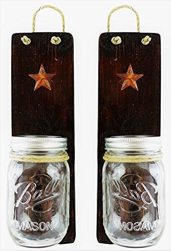 Heartful Homes Rustic Wood Bathroom Wall Decor - Pair Primitive Mason Jar Organizers -#1 Decorative Accessories Set for Country, Western, Vintage, and Outhouse Style - Toothbrush Holder (Dark Honey)