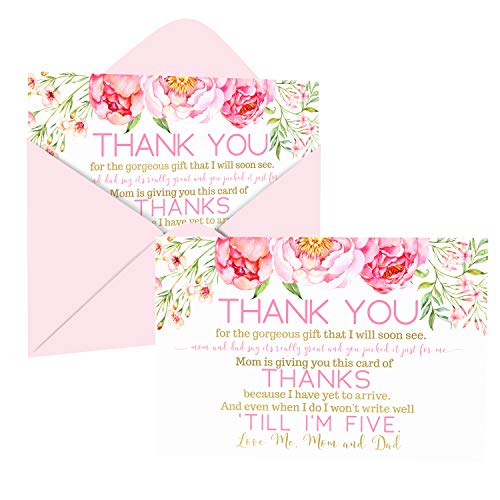 Cottage Floral Baby Shower Thank You Cards (15 Pack) Prefilled Note from Girl – Individual Pink Notecards with Envelopes…