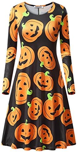 Women's Thanksgiving Pumpkin dress Long Sleeve Loose Swing Casual Midi Dress Print Aline Dress