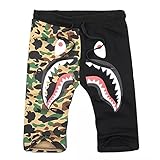 Shark Pattern Camouflage Stitching Shorts Men Drawstring Black Sports Shorts (Medium, Camo-Black)