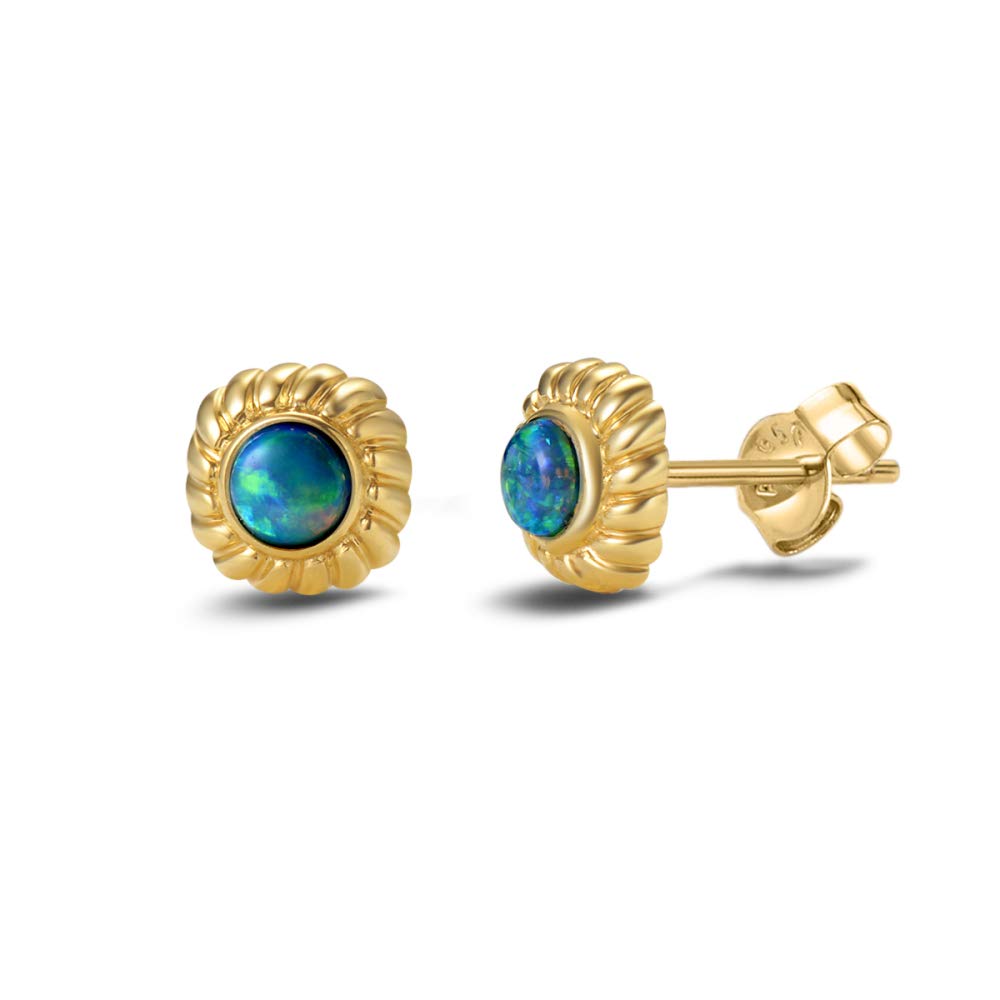 Agvana 18K Solid Yellow Gold Au750 Real Genuine Natural Fire Opal Small Stud Earrings October Births