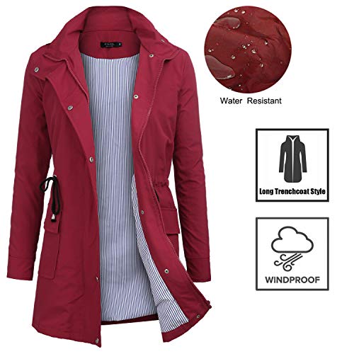FISOUL Windbreaker Raincoats Waterproof Lightweight Rain Jacket Outdoor Hooded Women's Trench Coats Dark Red S