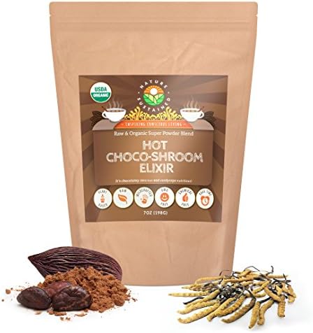Nature Sustained USDA ORGANIC Raw Hot Choco Shroom Elixir Superfood Powder Blend - Wildcrafted &amp; Plant-Based (7 Oz.) GMO-FREE - Cordyceps Tea – Maca Root Powder - Noni Powder Tea – Energy Tea