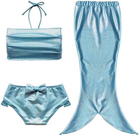 Hot Little Girls 3 Pcs Princess Mermaid Tail Swimmable Bikini Set Swimwear (130, Blue)