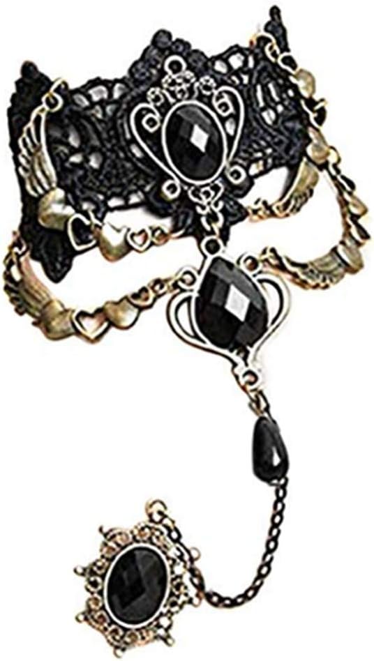 Black Rhinestone Lace Bracelet with Ring Retro Gothic Style Vampire Slave Cuff Chain Bangle Fancy Hand Chain Costume by SamGreatWorld