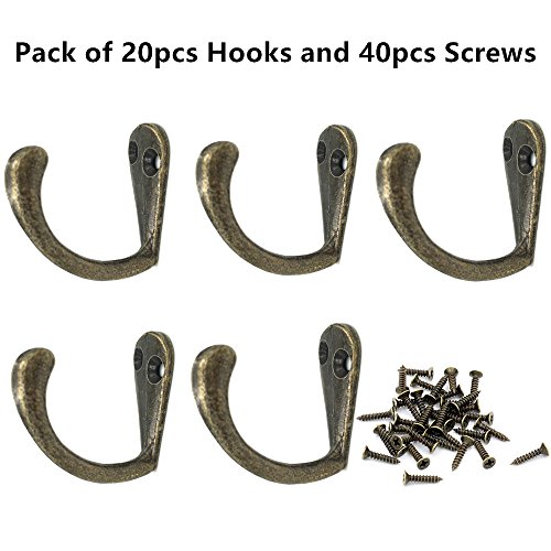 20pcs Medium Antique Bronze Tone Door Wall Mounted Single Hook Hanger(Includes 40pcs Screw) By Alimitopia