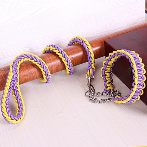 AooToo Pet Adjustable Nylon Dog Rope Slip Training Walking Leash And Pet Collar And Traction Rope Solid Hardware Best for Medium Or Large Dogs(Yellow Purple, XL)