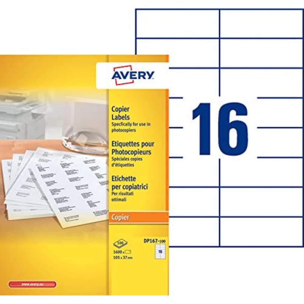 AVERY DP167-100 1600 Adhesive Labels Multi-Purpose White. 105 x 37 mm. Copier Printing