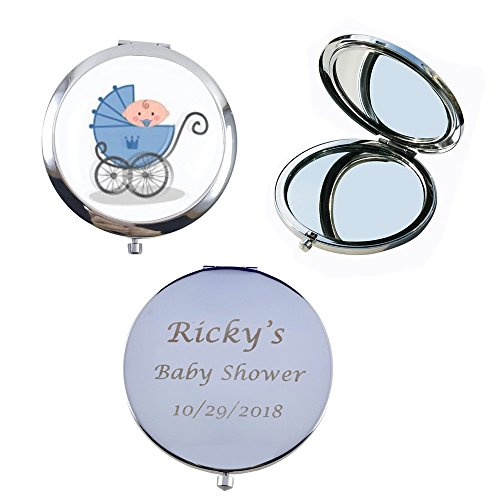 12 Pcs Personalized Compact Mirror Favors Baby Boy Shower Blue / Makeup Purse Mirrors with Organza bag