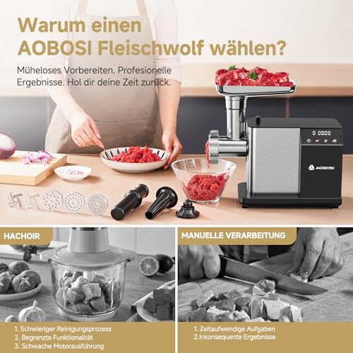 AAOBOSI Electric Meat Mincer [3000 W MAX] with LED Display, 3 Speeds, Meat Grinder with Anti-Clogging Technology, Built-in Storage Box, Sausage Filler & Kibbe Making for Home Use