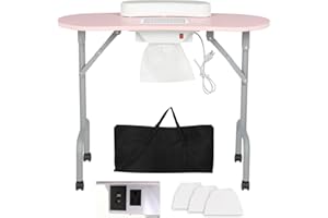 AGESISI Portable Manicure Table Foldable Nail Desk with Charging Station & Dust Collector Professional Nail Tech Table for Technician Spa Salon Workstation, Wrist Pad 4 Lockable Wheels, 36-inch, Pink