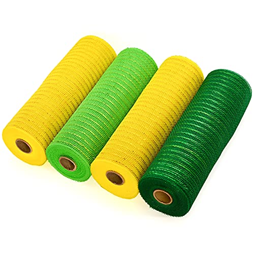 Koopi Deco Mesh 10 inch x 10 Yards - Summer Colors Metallic Foil Poly Mesh Ribbons for Pineapple Sunflower Wreaths, Craft, Party and Decorating Supplies - 4 Rolls(Lt.Green, Emerald, Yellow)