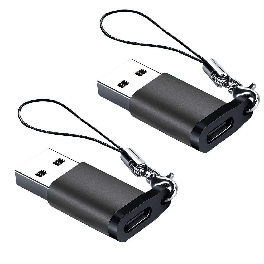 Seminer USB C Female to USB A Male Adapter (2 Pack) with Lanyard, USB Type-C to USB A 3.0 Adapter Converter Compatible with MacBook Pro, Samsung Notebook, Laptop, PC and More, Black