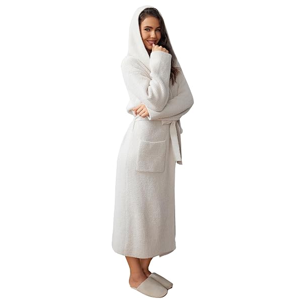 MH MYLUNE HOME ULTRA SOFT ROBE WITH POCKETS, SPA BATHROBE LOUNGEWEAR CALF-LENGTH, PLUSH FUZZY FLUFFY WRAP ROBE FOR WOMEN, WOMEN’S ROBES, HOODED RIBBED TAUPE