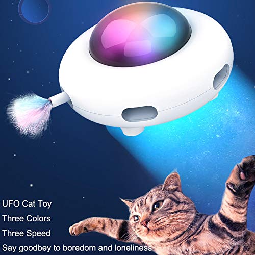 LONGYI Cat Toy Interactive,UFO Cat Toy with LED Light Can Automatic Moving UFO Cat Toy with Feather Fun Toy for Cat Exercise with 3 Colors Teaser Cat Toy