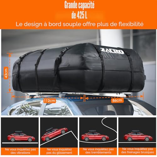 Zacro Car Roof Bag 425 Litres 15 Cubic Feet Cargo Bag, Foldable Waterproof Roof Rack Straps for Any Car with Roof Boxes