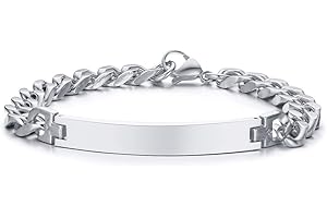 MEALGUET JEWELRY Personalized Engravable Stainless Steel Curb Chain ID Bracelets for Men Women, Custom Engrave Name Plate Identity ID Bar Bracelets, Customized Gift for girl boy mom dad, Birthday Gift