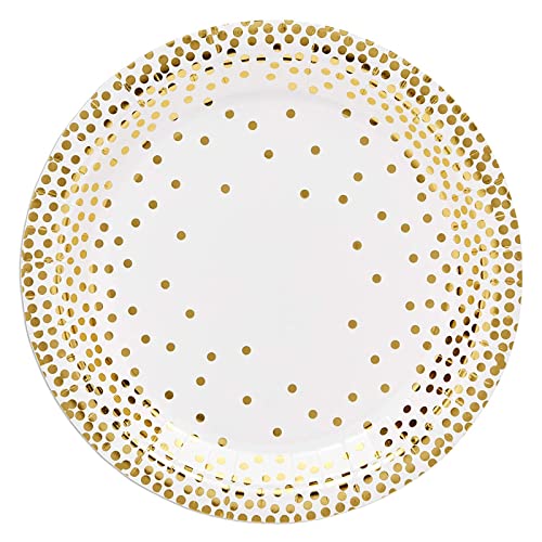 144 Piece White and Gold Paper Plates, Napkins, Cups, Cutlery for Polka