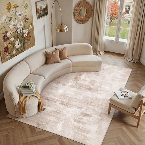 PureCozy Rugs Living Room Rug 200x300cm Beige Brown Washable Non Slip Abstract Natural Neutral Modern Large Carpet Bedroom Lounge Bedside Kitchen Hall Low Pile Carpets