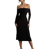 HOCILLE Women's Sexy Off The Shoulder A Line Midi Dresses Long Sleeve Elegant Formal Wedding Guest Party Cocktail Dress