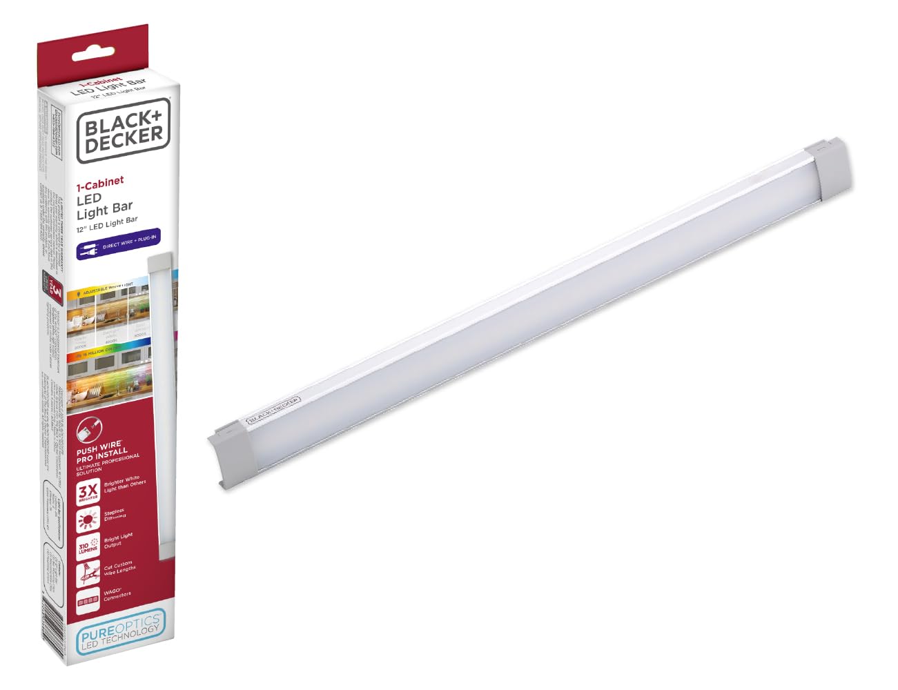Photo 1 of Black+Decker PureOptics Professional Push Wire Under Cabinet Light Bar, Add-on, Plug-in or Hardwire Compatible, Adjustable White and RGB LED, for Kitchen, Pantry, Cabinets, (1) 12" Bar