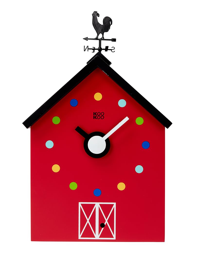 KOOKOO RedBarn Large, farmhouse clock with 12 animal sounds, a rooster and a rotating weathervane