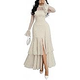 GothDark Womens Elegant Polka Dot Mesh Long Sleeve Dress Bell Sleeve Layered Ruffle Split Formal Wedding Guest Dresses