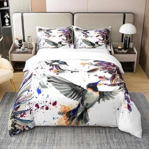 Housse de couette 100 % coton 135 x 200 cm, motif oiseaux, colibri, pour enfants, garçons, filles, adolescents, motif animaux sauvages, aquarelle, cravate teinte, douce et respirante, 1 taie