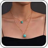 Ximdble Vintage Layered Turquoise Pendant Necklace Oval Turquoise Choker Necklace Blue Teardrop Stone Choker Necklace Blue Stone Bead Necklace for Women
