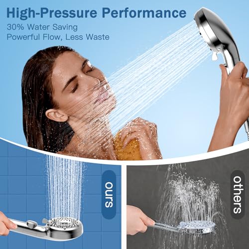 Luxear High Pressure Shower Head with Filter 5+1 Spray Modes | Water Saver with Nano Bubble Technology Shower Head with Stop Button - Universal (Silver)