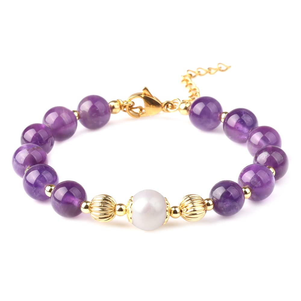 LIVLOKO 18ct Gold Plated Authentic Amethyst Healing Gemstone Bracelet Crystal Bracelet Pearl Bracelet Anxiety Relief Stress Relief Bead Bracelet Healing Crystals Healing Bracelets for Women Spiritual