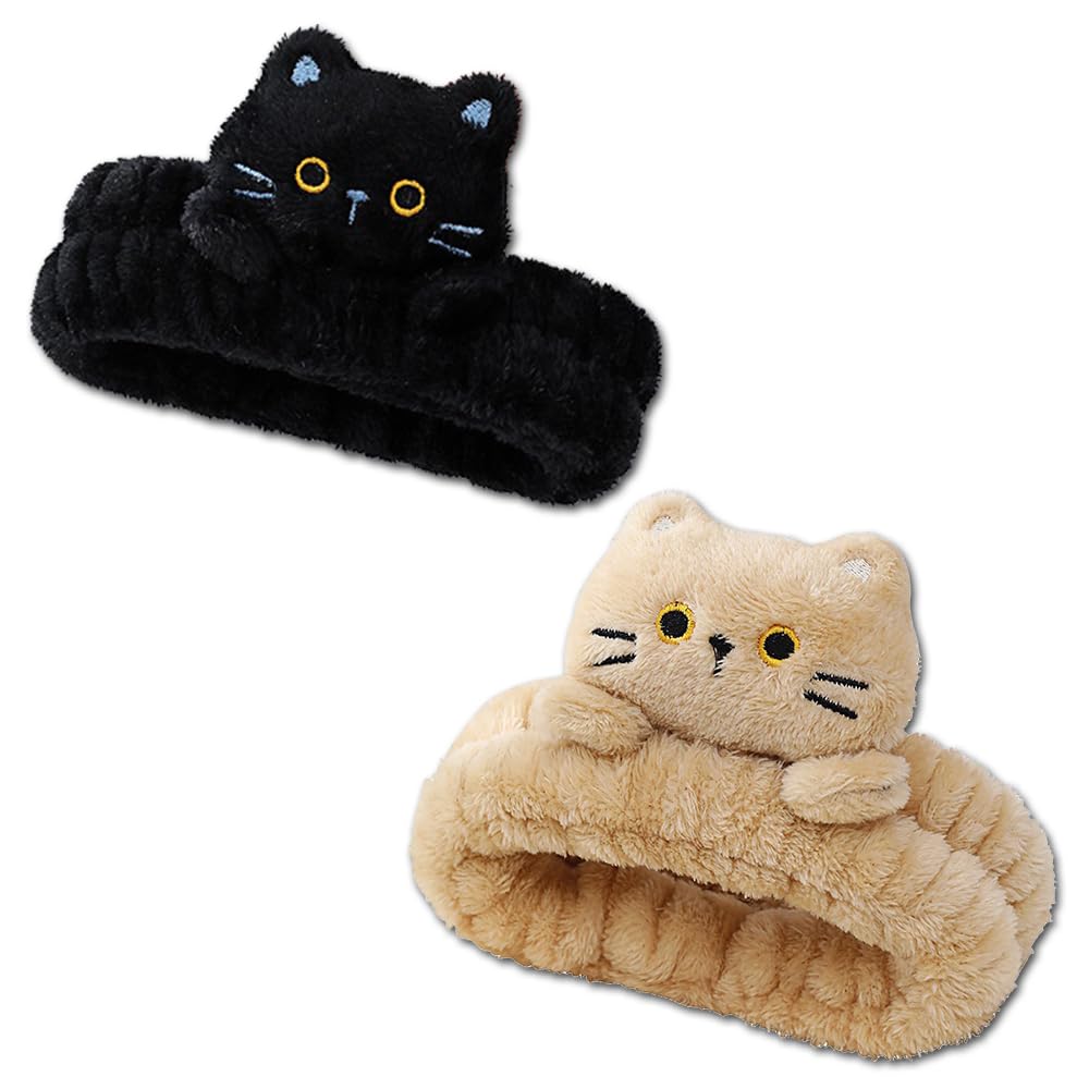 PERFECTSIGHT Spa Headband for Washing Face, 2 Pack Cute Hair Band for Shower Yoga Beauty, Fluffy Makeup Headband, Kawaii Facial Headbands for Woman Girls, Black+Brown — image 1