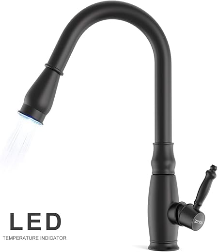 Black Kitchen Faucet With Pull Down Sprayer And Led Indicator