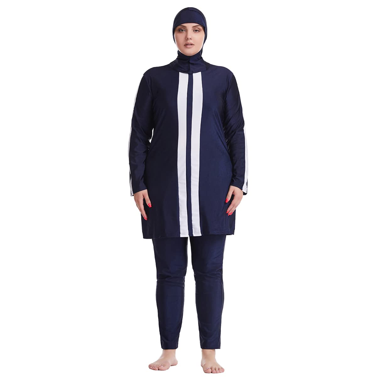 Photo 1 of ** USED *** Muslim Swimsuits for Women Plus Size Full Coverage Swimwear Modest Islamic Solid Color Splice Top Swim Pants Hijab Ladies Beachwear Swimming Burkini Bathing Suit Navy Blue + White Splicing, 2XL