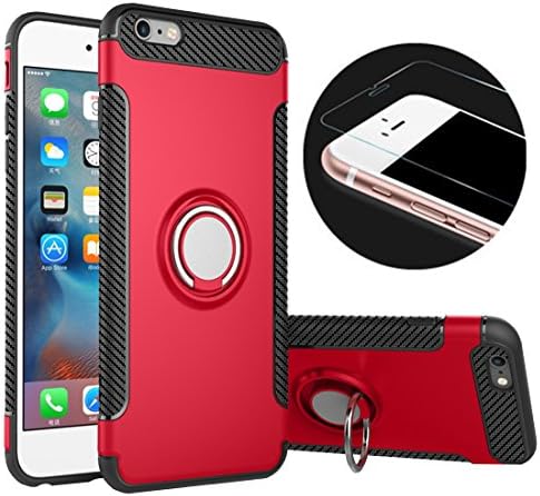 iPhone 6 Plus Phone Case &amp; Tempered Glass Screen Protector,RP Ben Multi-function Car Holder Stand Magnetic Suction Bracket Finger Ring TPU + PC Cover Case for Apple iPhone 6 Plus/6S Plus(Red)