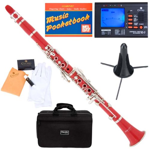 Mendini MCT-R+SD+PB+92D Red ABS B Flat Clarinet with Tuner, Case, Stand, Mouthpiece, 10 Reeds and More