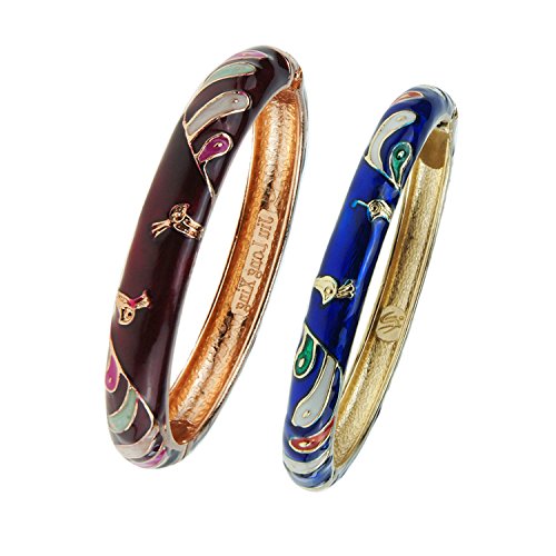 UJOY Fashion Bracelets Handmade Enamel Butterfly Flower Bangle Cloisonnes Jewelry for Women Birthday 55A30-B26 WineRed-Blue
