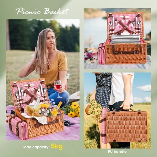 4 Person Picnic Basket, Wicker Picnic Set with Insulated Bag, Waterproof Picnic Blanket and Cutlery Set, Picnic Basket for Camping, Pink
