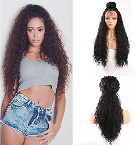 Friya Glueless Long Water Wave Swiss Natural Black Synthetic Lace Front Wig Heat Resistant Natural Hairline Hair Wigs For Women 22"