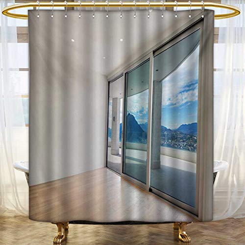 lacencn Modern,Shower Curtains 3D Digital Printing,Penthouse Room with Wide Terrace Sliding Door Parquet Mountains Idyllic Art,Bathroom Set with Hooks,Blue Beige White,Sizeï¼šW48 x L72 inch