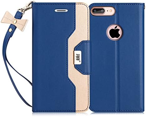 iPhone 8 Plus Case, iPhone 7 Plus Case, FYY Female Folio with Mirror Card Pocket Stand Function Strap Magnetic Skimming Prevention Handmade PU Leather Smartphone Case [5.5 inch] Compatible with iPhone 8 Plus/7 Plus Navy