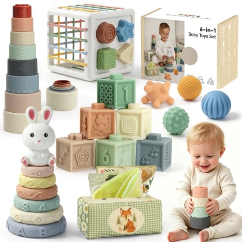 Anook Baby Toys 6-9-12 Months, 6 in 1 Montessori Games 6 Months | Sensory Toys for Babies with Stacking Games, Tissue Box, Shape Cubes to Sort, Newborn Gift 6-12 Months