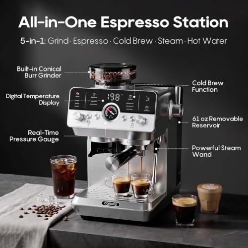 Canoly Fast Cold Brew Espresso Machine with Grinder, Capsule Handle, Silver