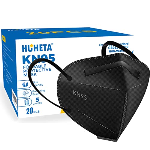 HUHETA KN95 Masks, Packs of 20 Black Face Mask, 5Layers Protective Cup