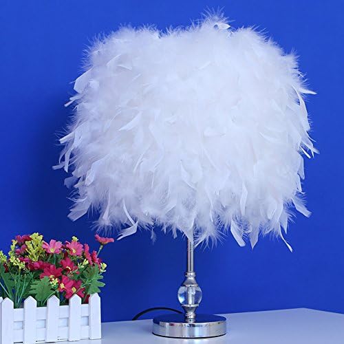 Injuicy Modern Feather Lampshade E27 Led Crystal Metal Table Lights American Wedding Birthday Desk Lamps Study Living Rooms Bedrooms Bedside Hotel Gift (White & Dia.16.5 Inch)