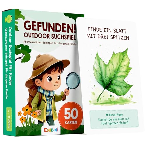 Edubini GEFODEN! Outdoor Search Game for Children from 4 Years - [50 Cards] - Outdoor Games for Outdoors, Treasure Hunt, Garden, Walks & Forest - Travel Games Gift for Boys and Girls